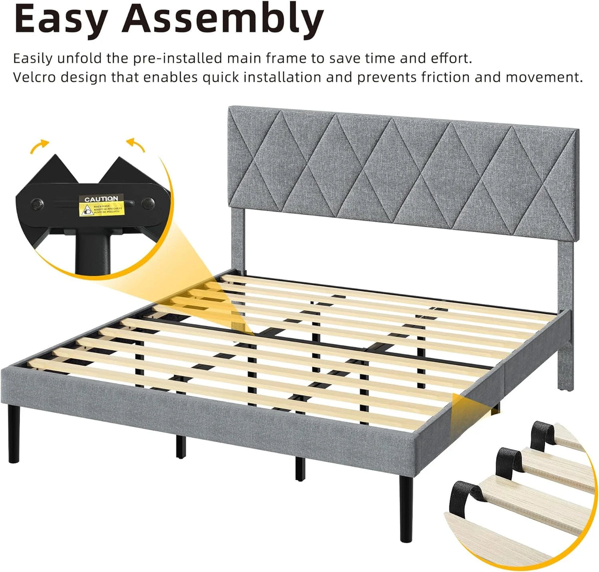 King Size Upholstered Platform Bed with Adjustable Headboard and Under-Bed Storage, Grey Y36779