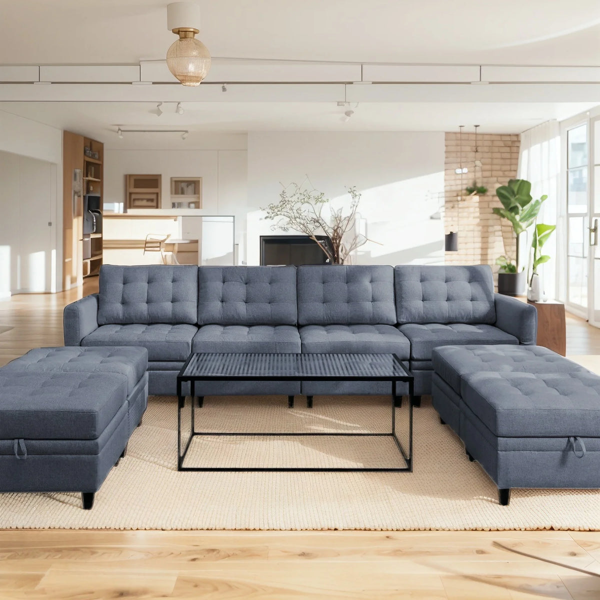 Dark Grey Convertible Sectional Sofa with Storage Ottomans S914