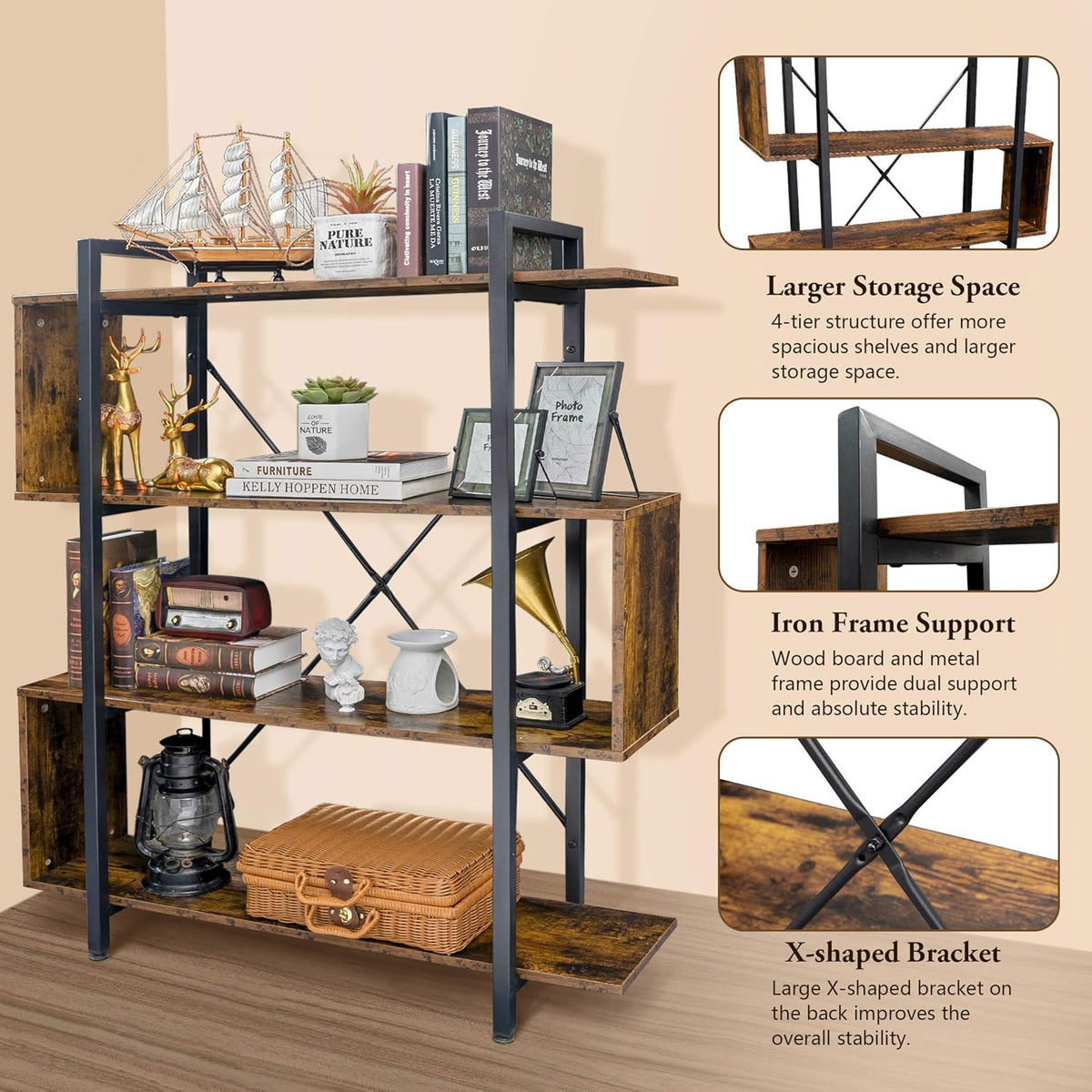 Vintage Industrial 4 Tier S Shaped Bookshelf P637891