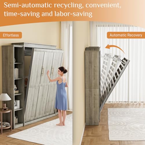 Gray Queen Wood Wall Bedframe with Storage Bookcase and 4 Adjustable Shelves B3008