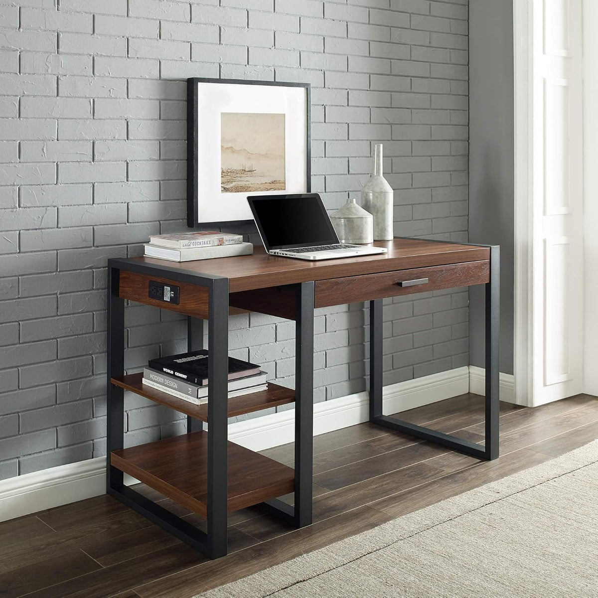 48 Inch Grey Wash Computer Desk with Drawer and Electrical Outlet X755