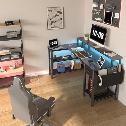 L Shaped Gaming Desk with Fabric Drawers and Storage Shelves, 47 inch Black U786