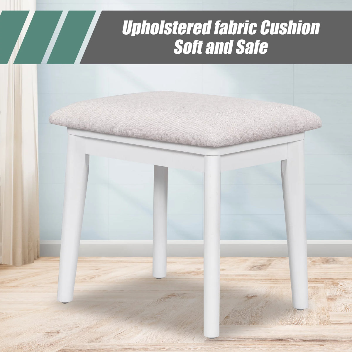 White Wood Makeup Dresser with Flip-top Mirror and Stool D817993