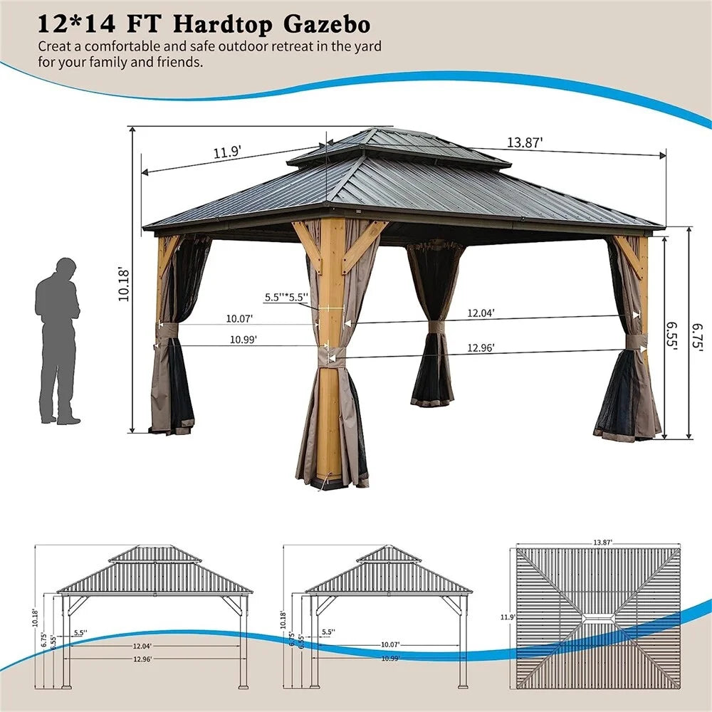 12'x14' Outdoor Wood Frame Hardtop Gazebo with Galvanized Steel Double Roof B1709