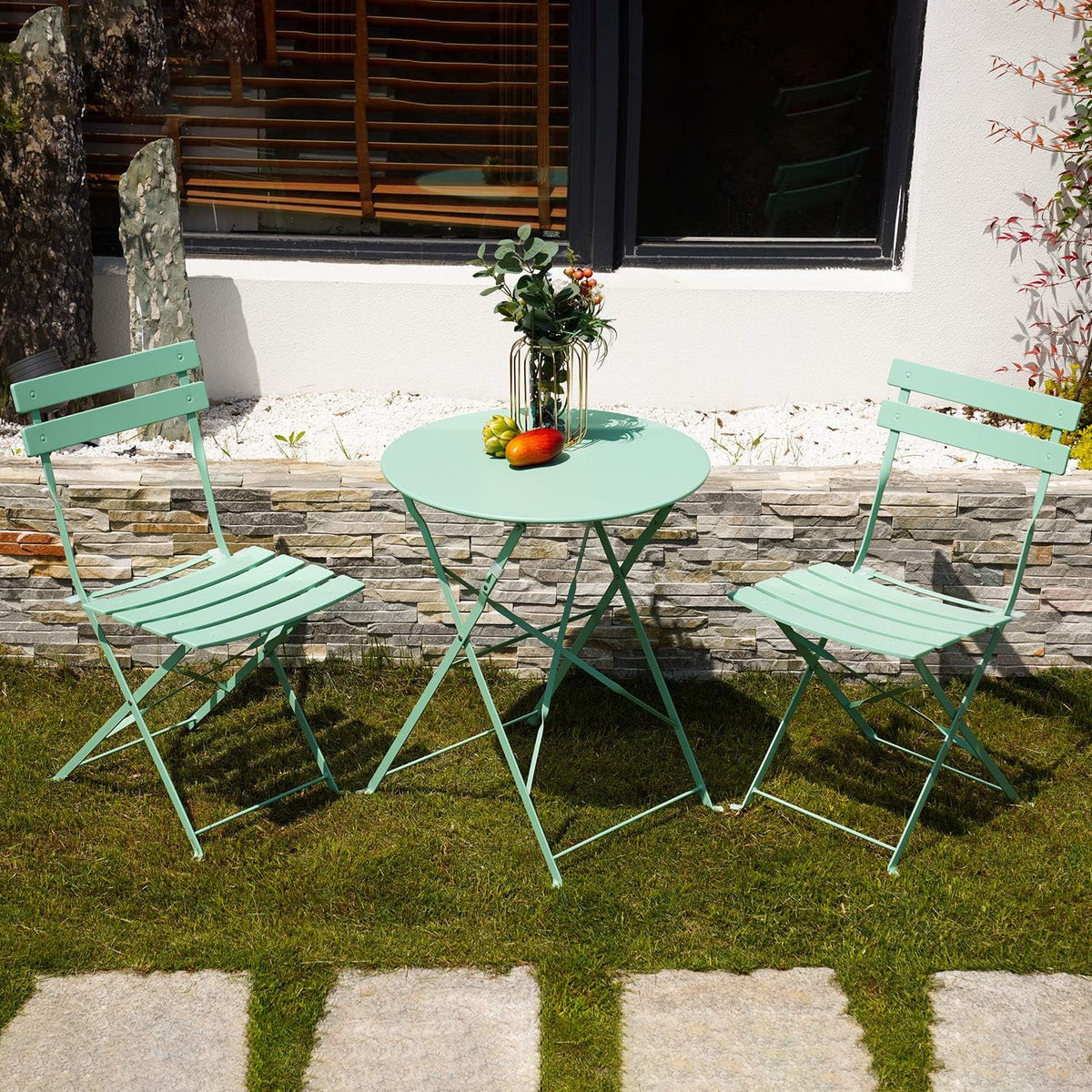 3pc Metal Folding Bistro Set, 2 Chairs and 1 Table, Macaron Blue A497