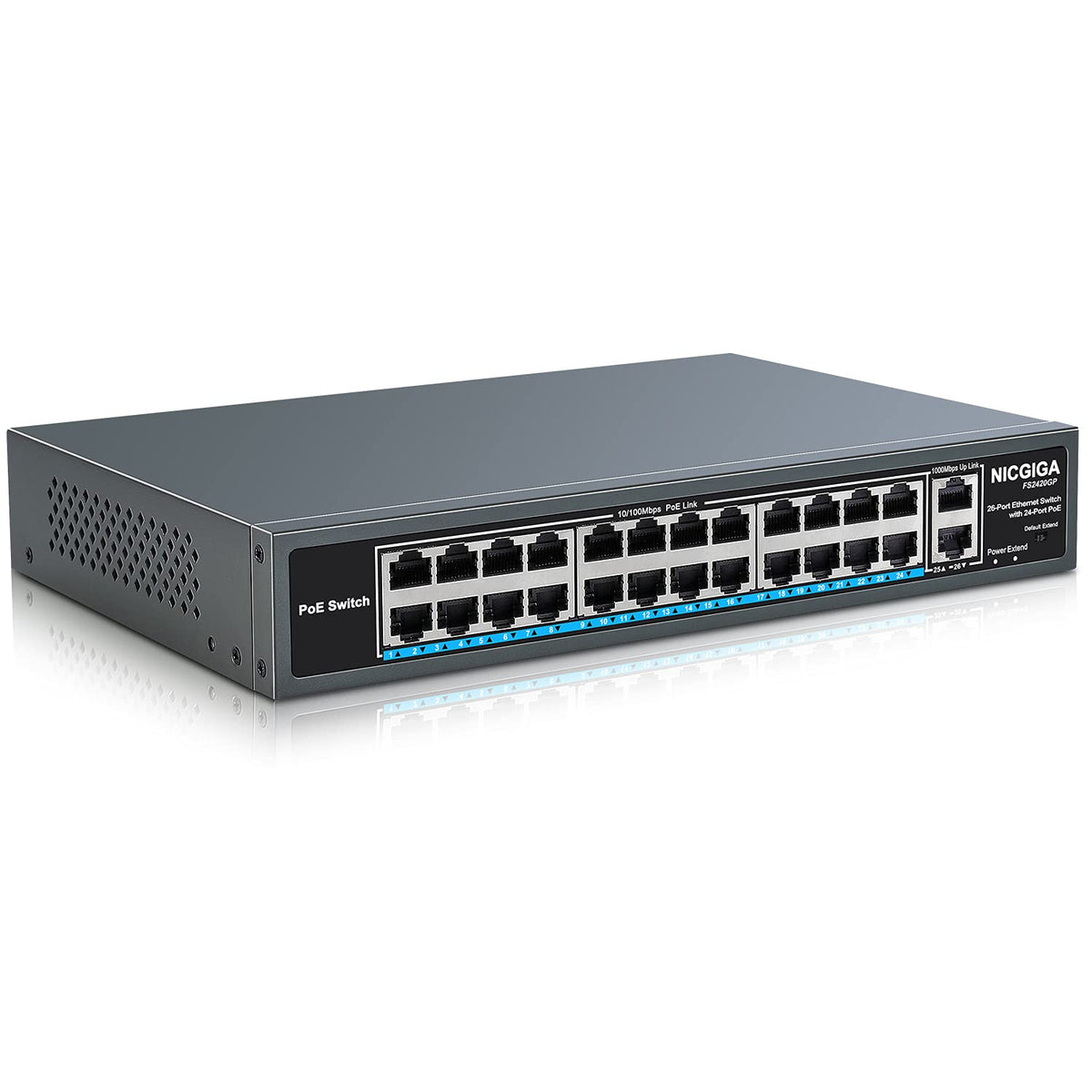26 Port PoE Switch with 24 Ports 10/100Mbps PoE+@400W, 2 Gigabit Uplink Ports, VLAN Mode, Metal Case, Rack Mount L8576