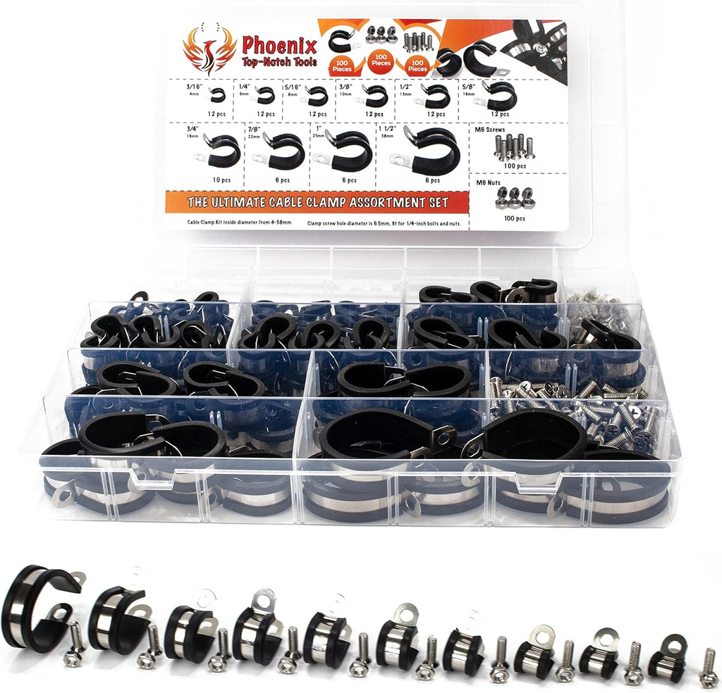 100pcs 304 Stainless Steel Rubber Insulated Cable Clamps 10 Sizes Y345