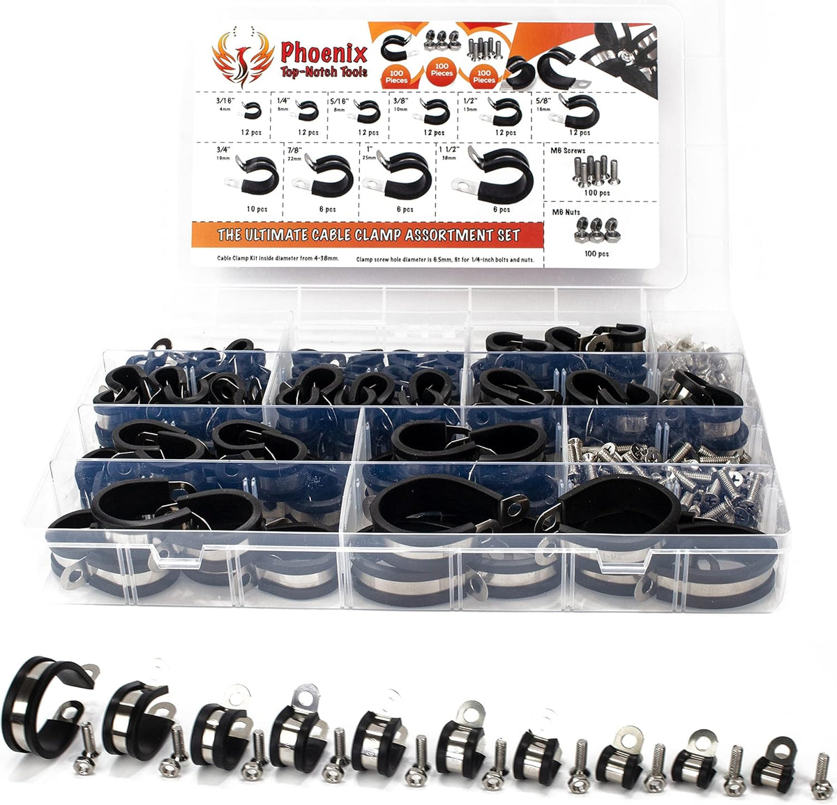 100pcs 304 Stainless Steel Rubber Insulated Cable Clamps 10 Sizes Y345