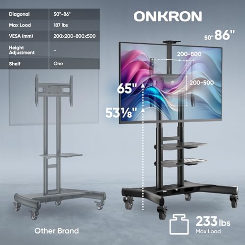 Black Mobile TV Stand on Wheels for 50-86 Inch TVs, Adjustable Height, VESA 800x500 U5490