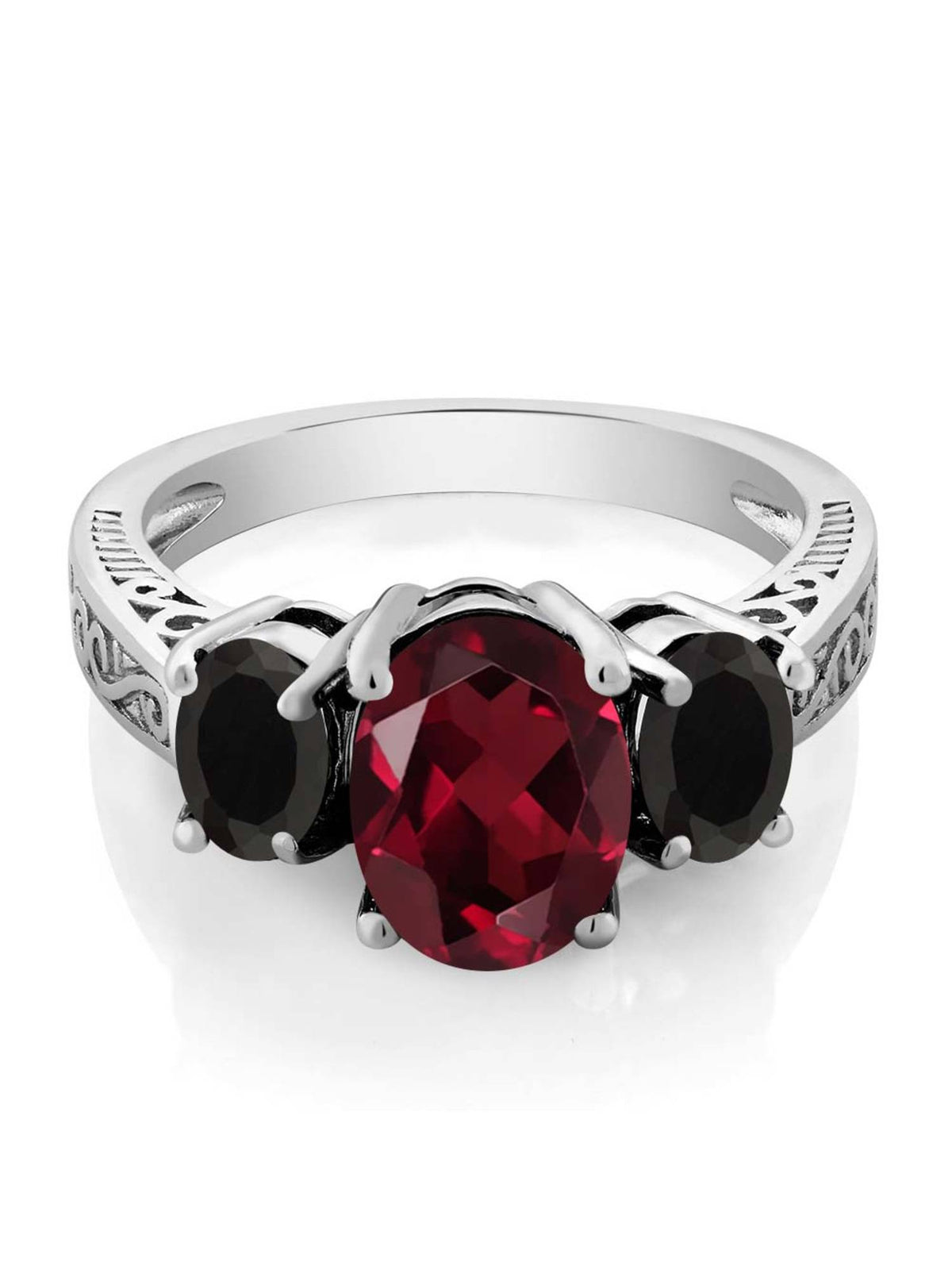 925 Sterling Silver Red Rhodolite Garnet Black Onyx 3 Stone Ring V12612
