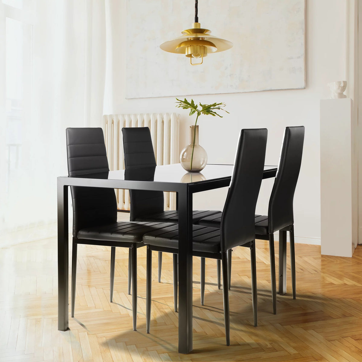 5 Pieces Tempered Glass Dining Table Set with 4 Faux Leather Chairs S3438