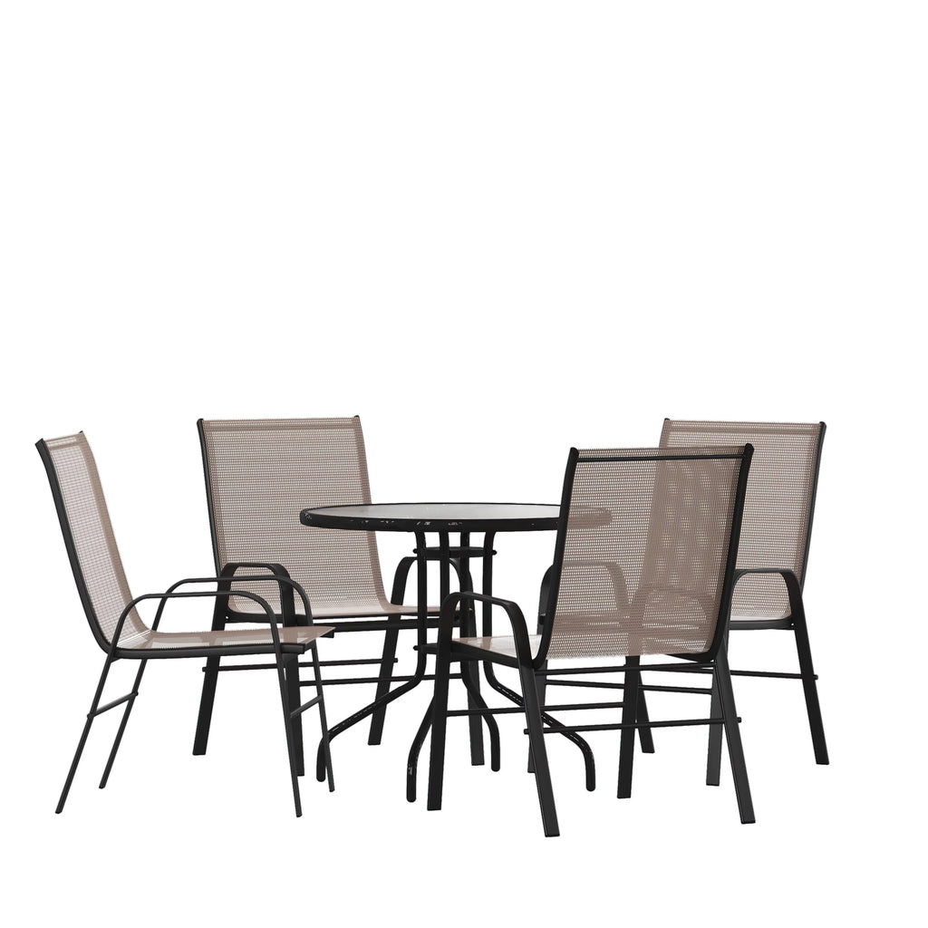5 Piece Outdoor Patio Dining Set with 4 Brown Stack Chairs U575