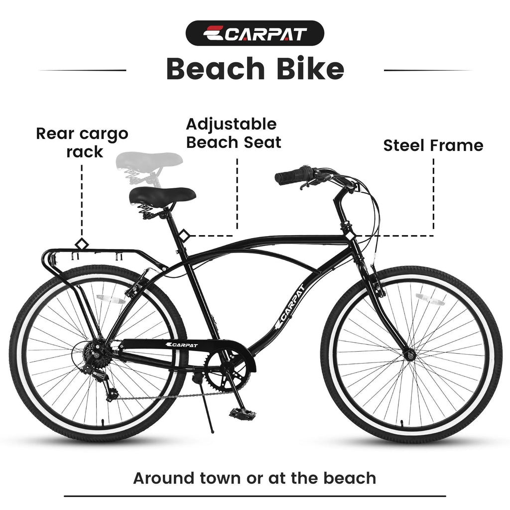 26-inch 7 Speeds Steel Beach Cruiser Bike with Rear Cargo Rack, Black Q456286
