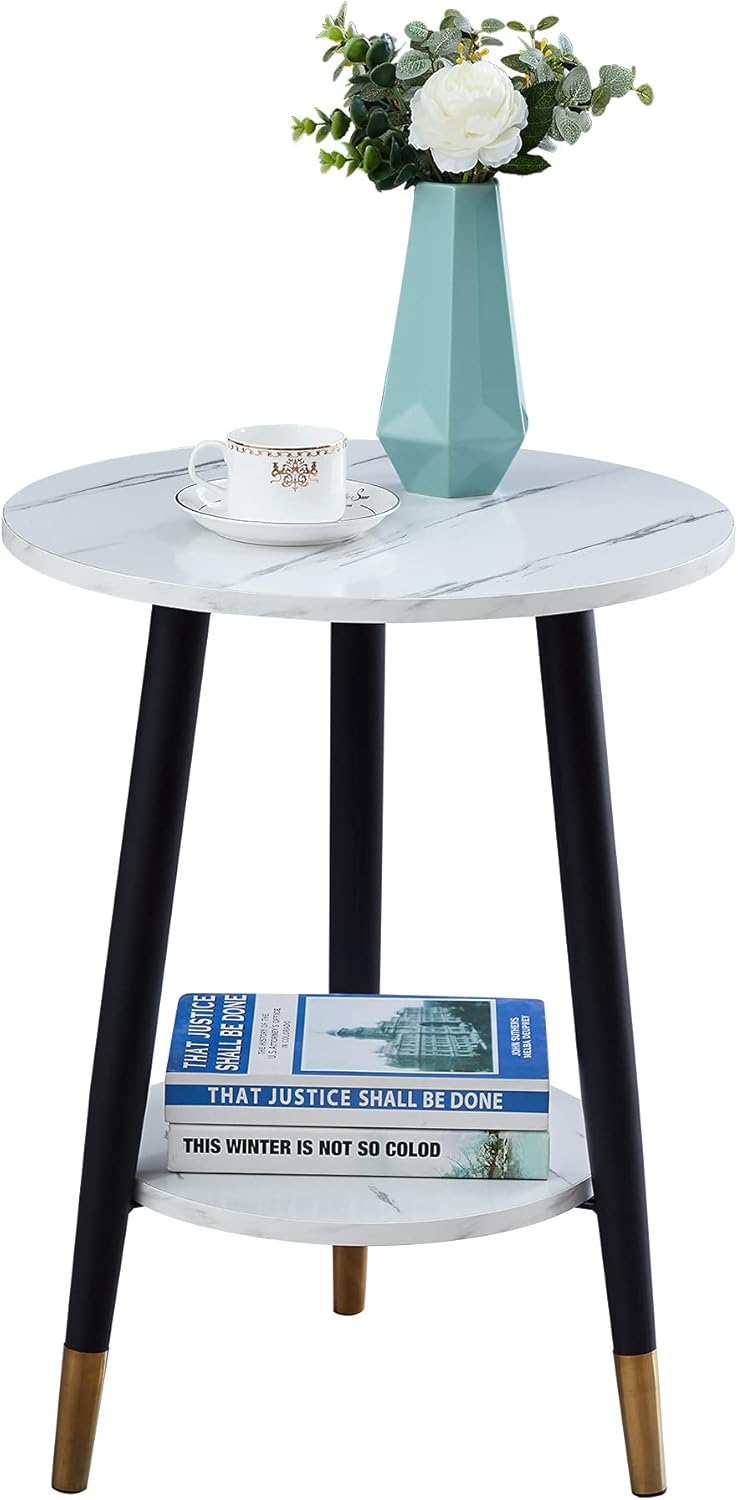 White Marble 2-Tier Metal Nightstand N1019