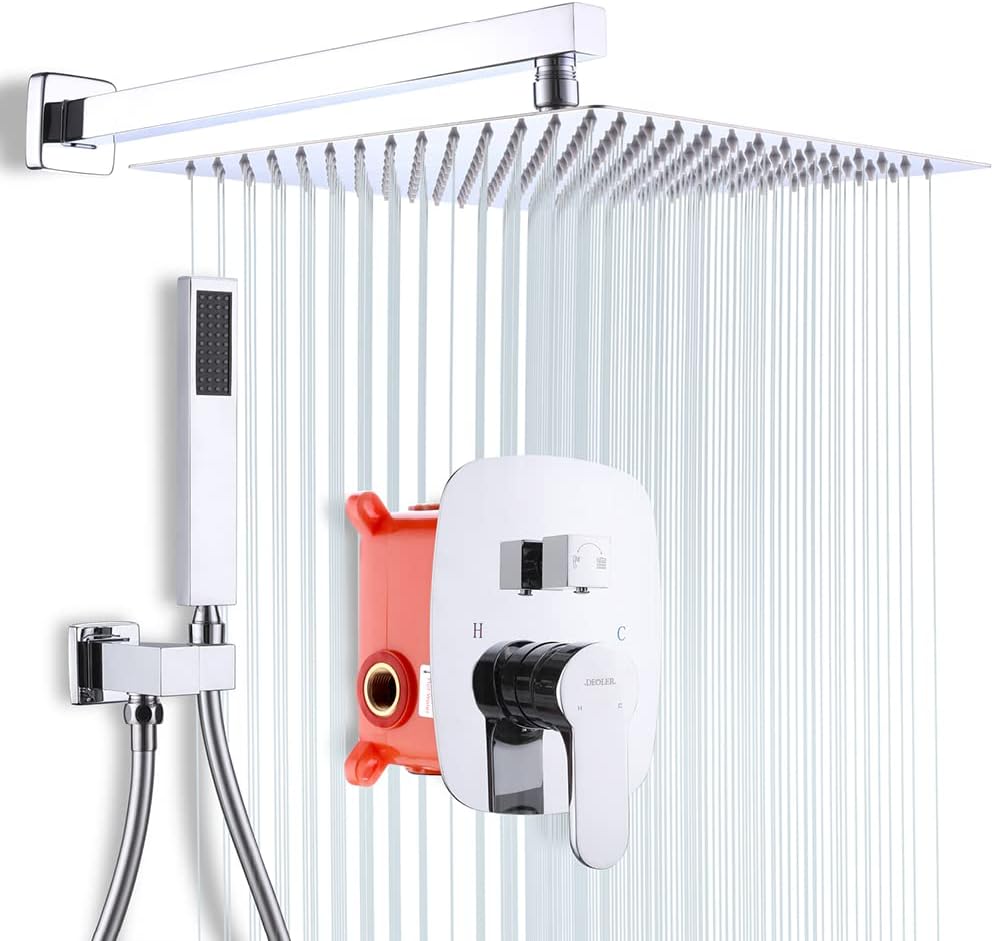 Brushed Nickel Rainfall Shower System with Valve, 12 Inch Square Ceiling Mount Shower Set K26339