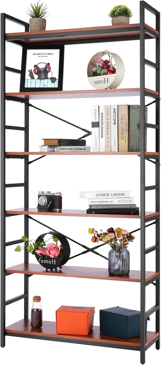 6-Tier Wood Top Bookshelf with Metal Frame O669584