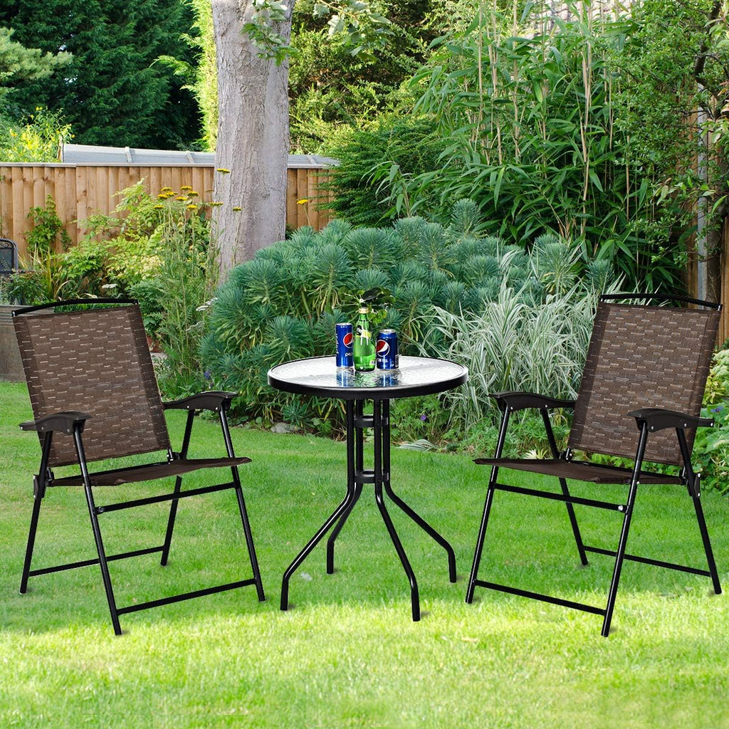 3-Piece Patio Bistro Set with Round Tempered Glass Table and 2 Foldable Chairs M514