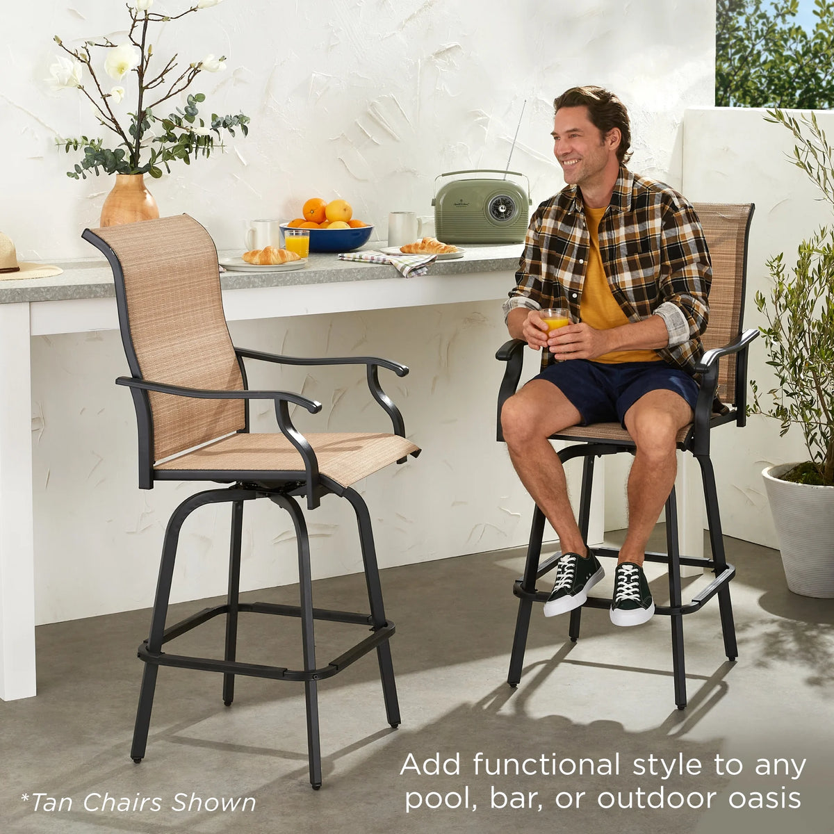 Set of 2 Outdoor Swivel Bar Stools with 360 Rotation Mesh - Brown Q6012