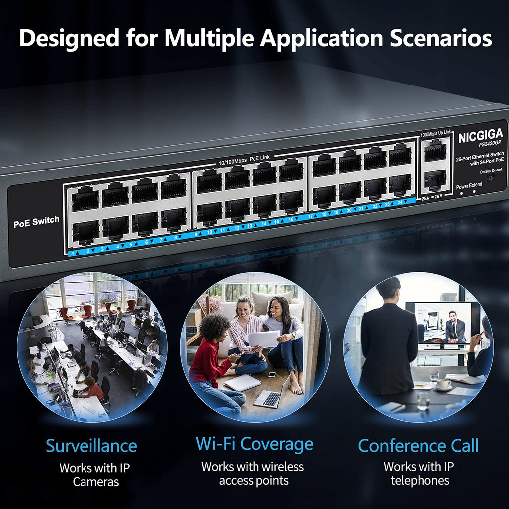 26 Port PoE Switch with 24 Ports 10/100Mbps PoE+@400W, 2 Gigabit Uplink Ports, VLAN Mode, Metal Case, Rack Mount L8576