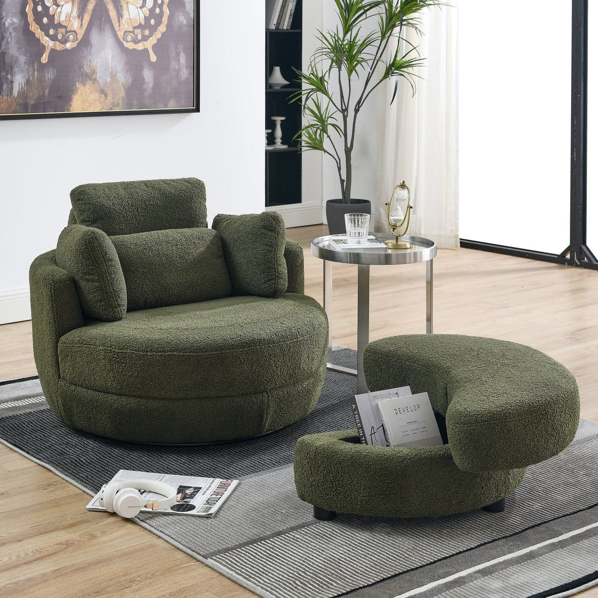 Oversized Swivel Chair with Storage Ottoman and 4 Pillows, Teddy Fabric G219