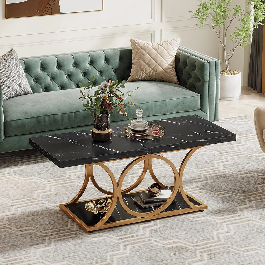 2-Tier Faux Marble Wood Coffee Table with Storage Shelf P833688