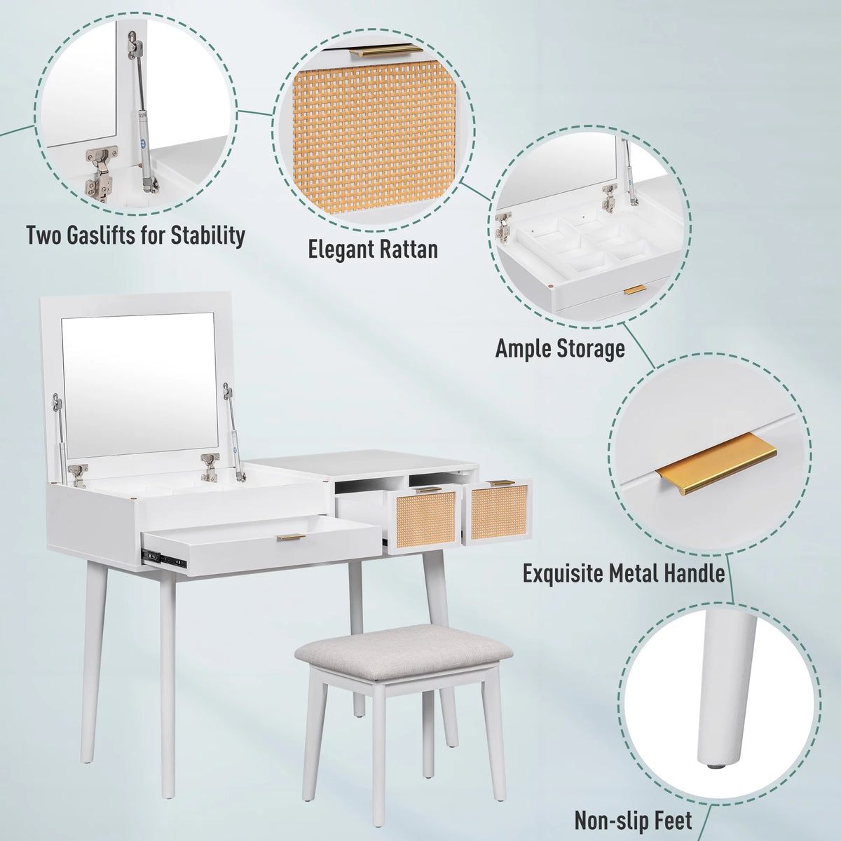 White Wood Makeup Dresser with Flip-top Mirror and Stool D817993
