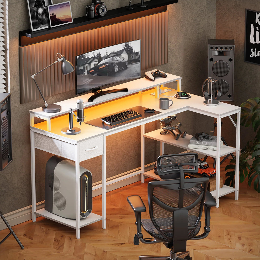 Black L-Shaped Gaming Desk with LED Lights & Power Outlets Z99529