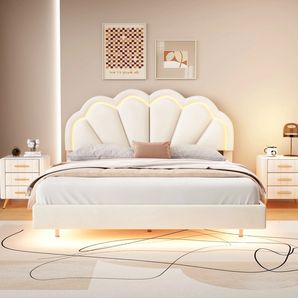 Queen Size Platform Bed Frame with LED - Beige U209