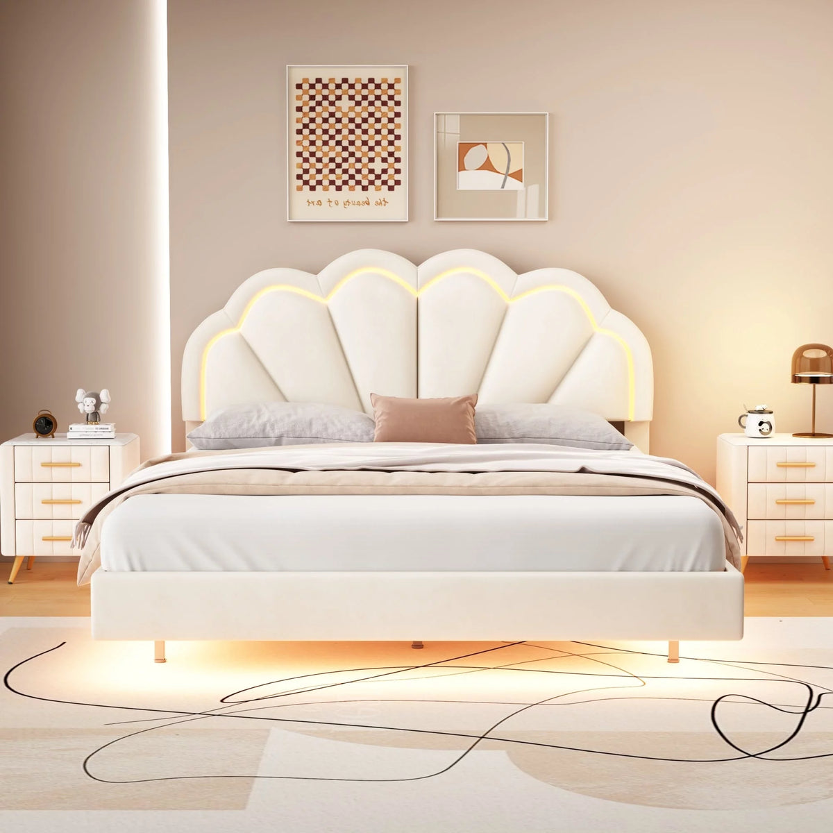 Queen Size Platform Bed Frame with LED - Beige U209
