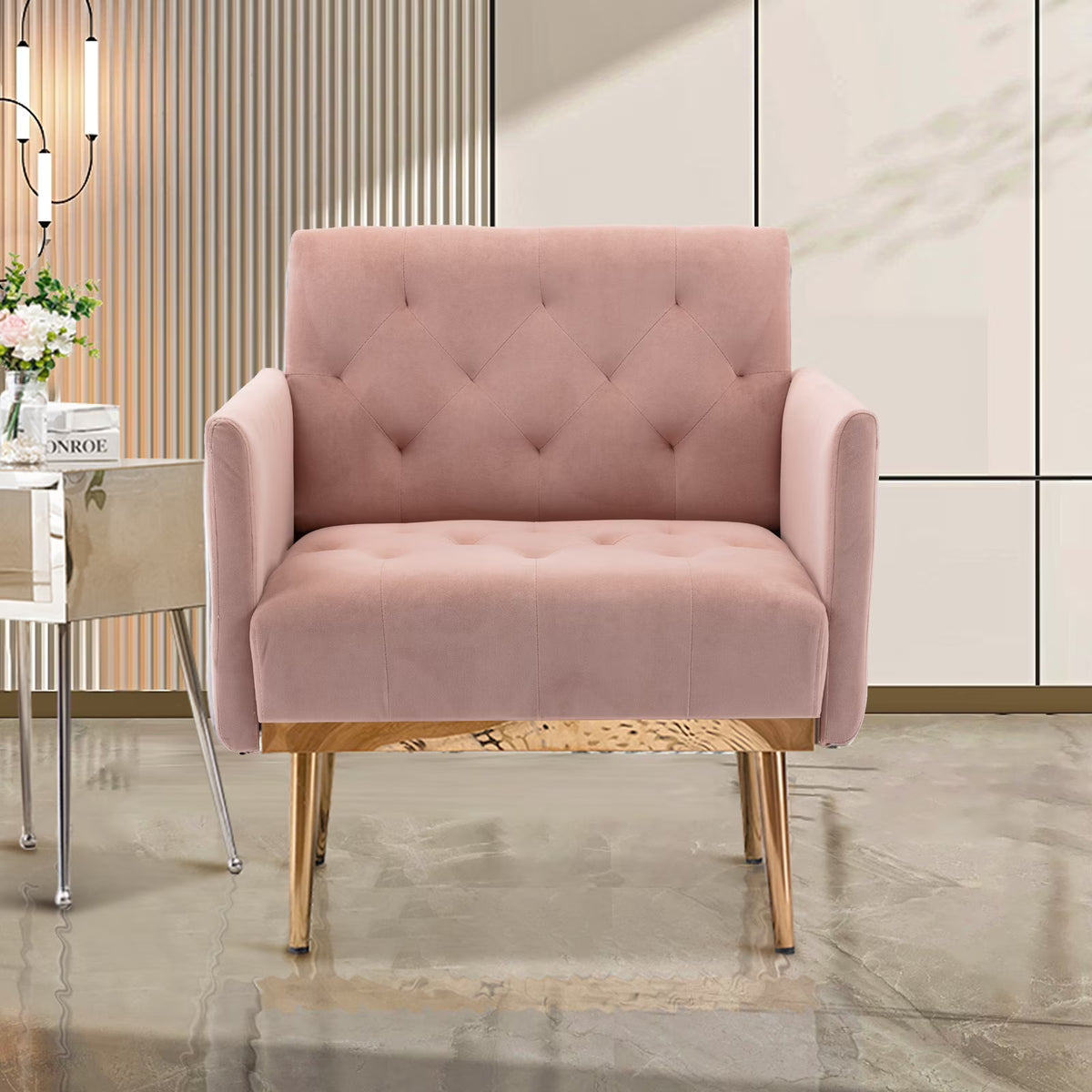Pink Velvet Accent Chair with Metal Legs Q426