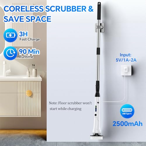 Electric Spin Scrubber with Long Handle, IPX7 Waterproof Cordless Cleaning Brush, 7 Replaceable Brush Heads, 2 Speeds G65779
