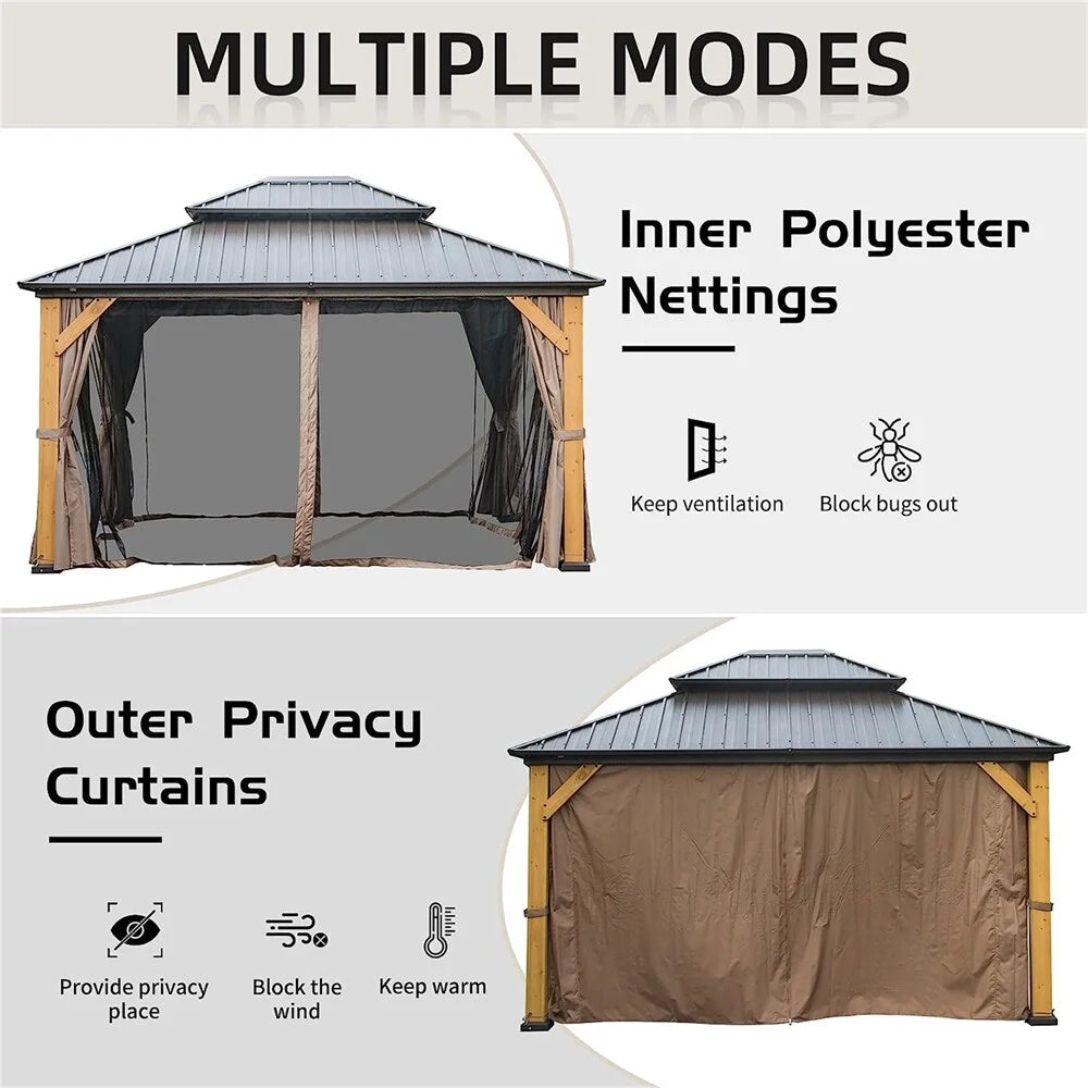12'x14' Outdoor Wood Frame Hardtop Gazebo with Galvanized Steel Double Roof B1709