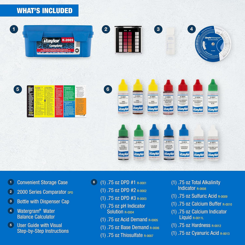 Taylor K2005 High Range Swimming Pool Total and Free Chlorine Bromine Alkalinity Calcium Hardness Base and Acid Demand pH DP Test Kit V133606