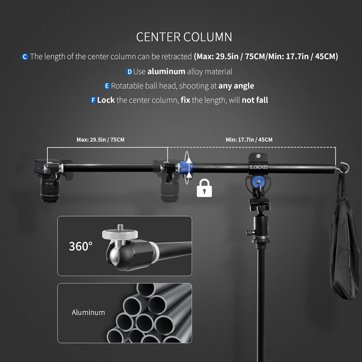 30 Inch Aluminum Tripod Extension Arm Overhead Camera Mount with Phone Holder Pack of 2 B365