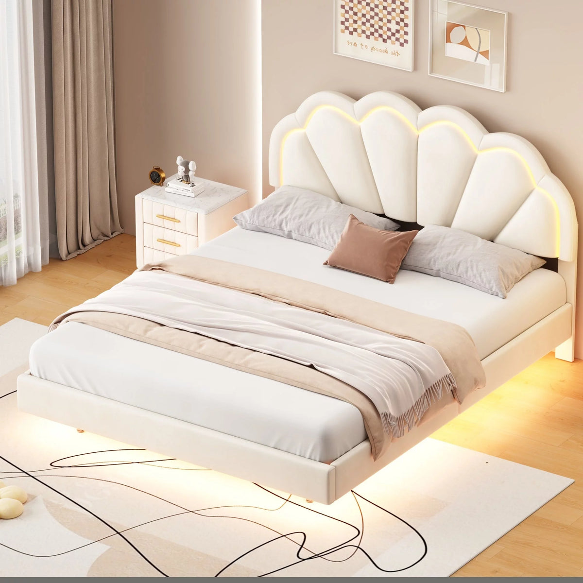 Queen Size Platform Bed Frame with LED - Beige U209
