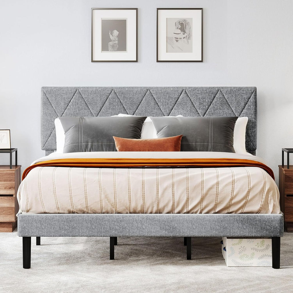 King Size Upholstered Platform Bed with Adjustable Headboard and Under-Bed Storage, Grey Y36779