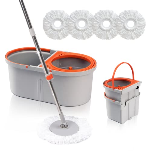 4 Reusable Microfiber Mop Heads Mop and Bucket with Wringer Set V1902