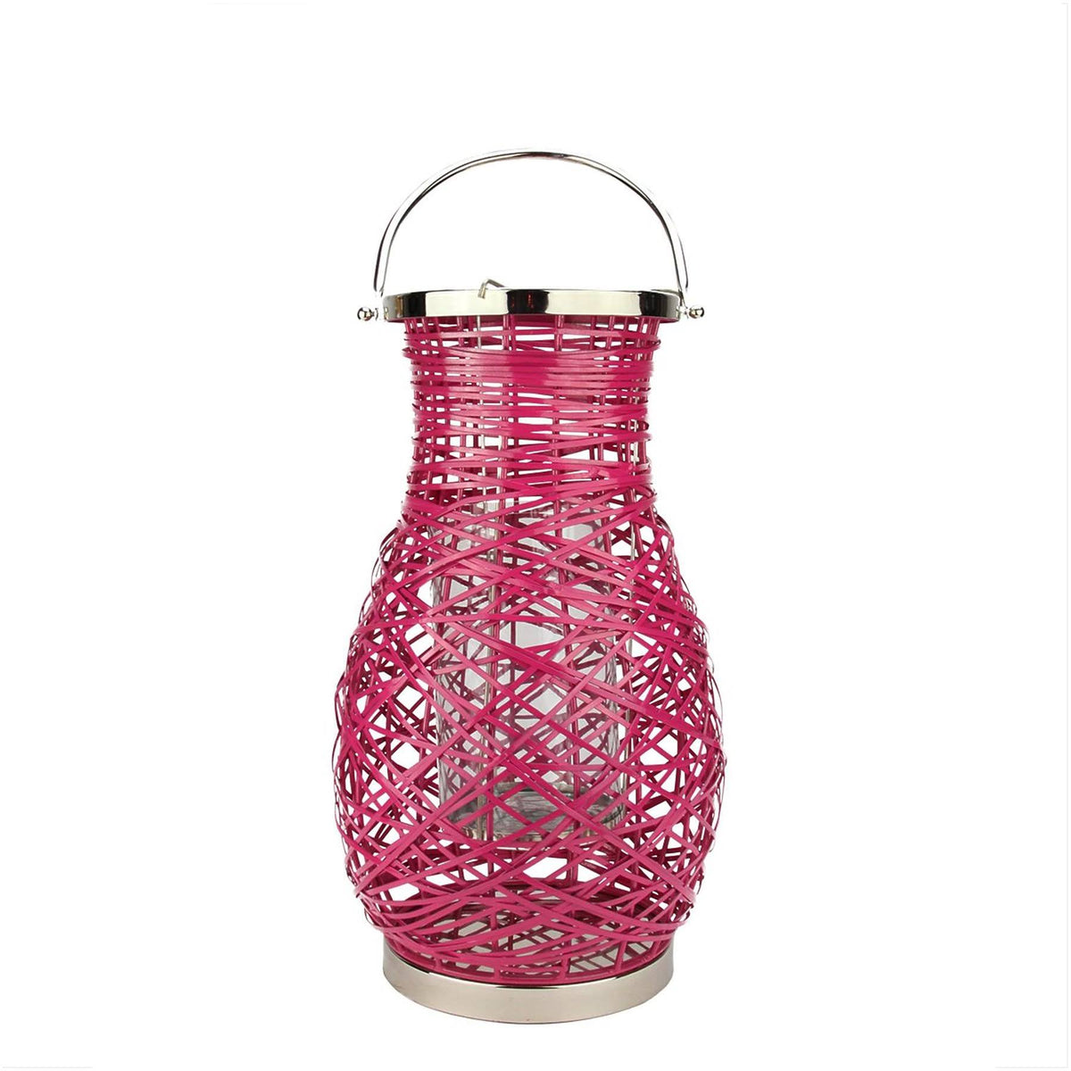 Fuschia Pink Decorative Woven Iron Pillar Candle Lantern with Glass Hurricane V265203
