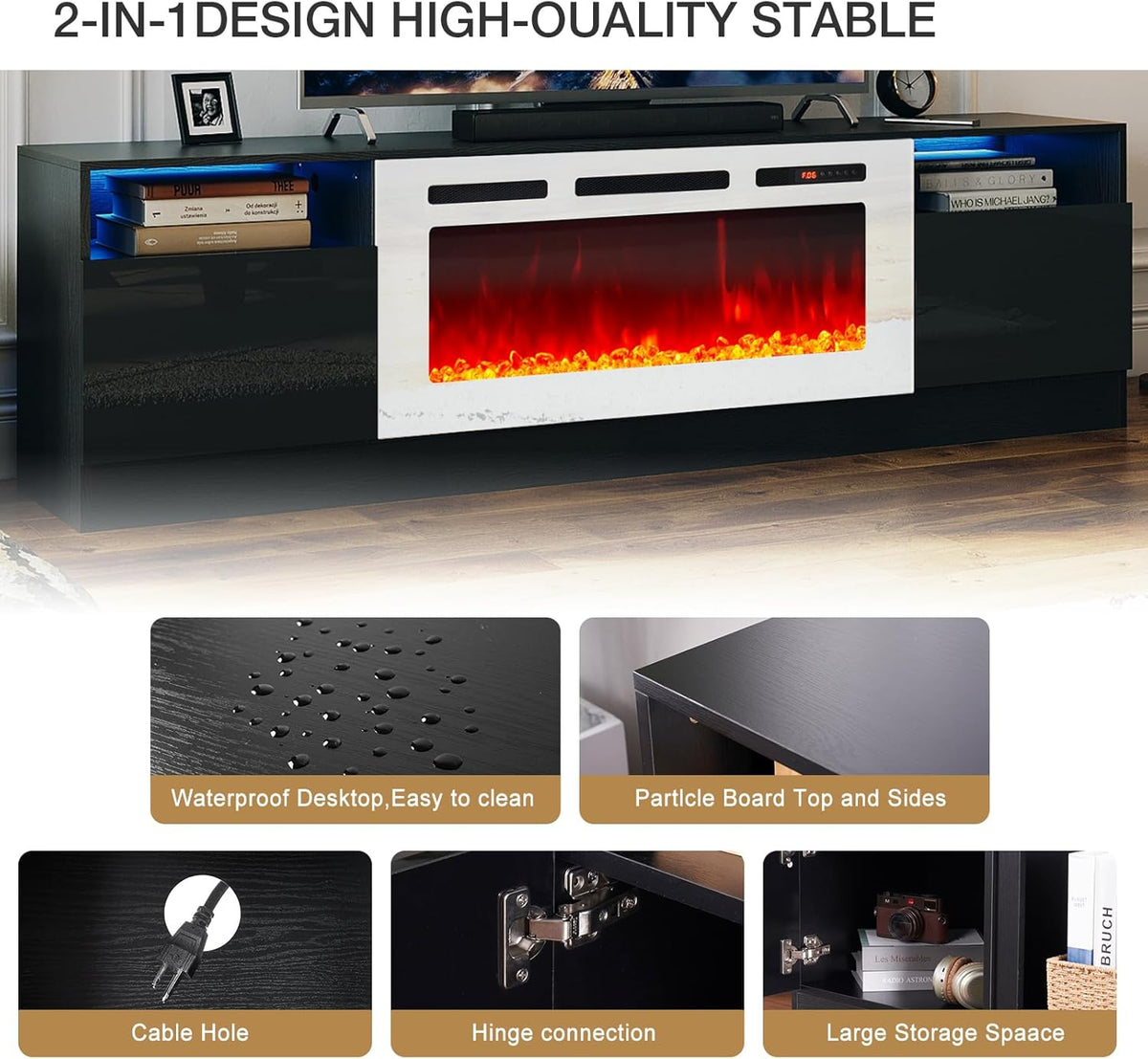 Black 79 inch Fireplace TV Stand with Electric Fireplace M1368