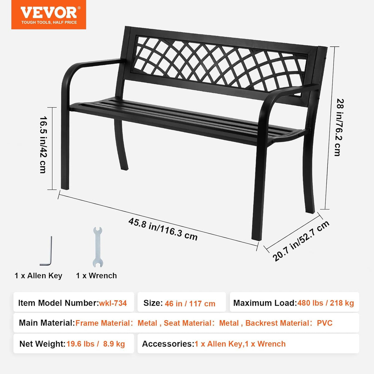 46 inches Metal Garden Bench with Backrest and Armrests G3630