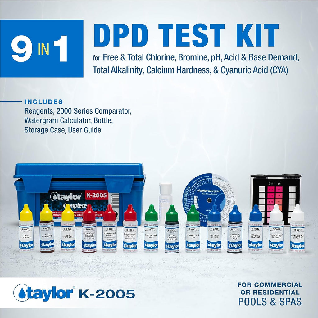 Taylor K2005 High Range Swimming Pool Total and Free Chlorine Bromine Alkalinity Calcium Hardness Base and Acid Demand pH DP Test Kit V133606