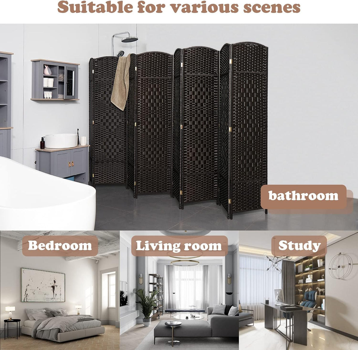Coffee 8-Panel Tall Folding Privacy Screen M660