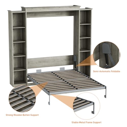 Gray Queen Wood Wall Bedframe with Storage Bookcase and 4 Adjustable Shelves B3008