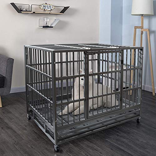 48 Inch Heavy Duty Dog Crate with Wheels, Double Door and Removable Tray M5997