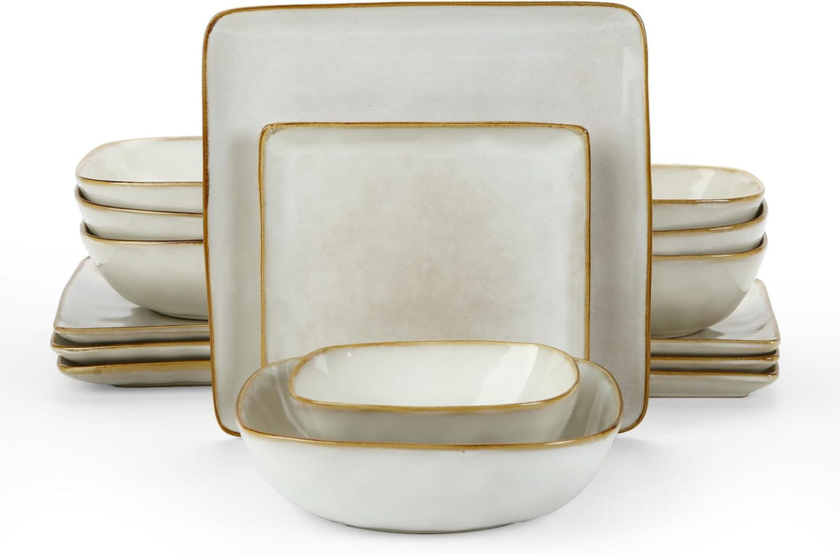 16-Piece Dinnerware Set, Square Plates and Bowls, Cappuccino White D191
