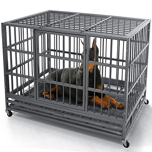 48 Inch Heavy Duty Dog Crate with Wheels, Double Door and Removable Tray M5997