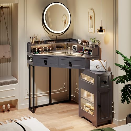 White Glass Top Corner Vanity with Mirror and Lights B1246