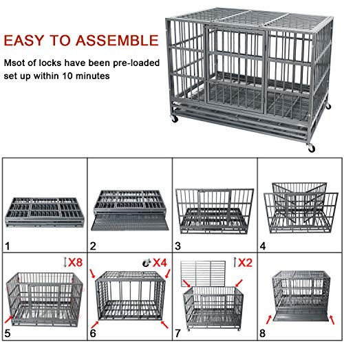 48 Inch Heavy Duty Dog Crate with Wheels, Double Door and Removable Tray M5997