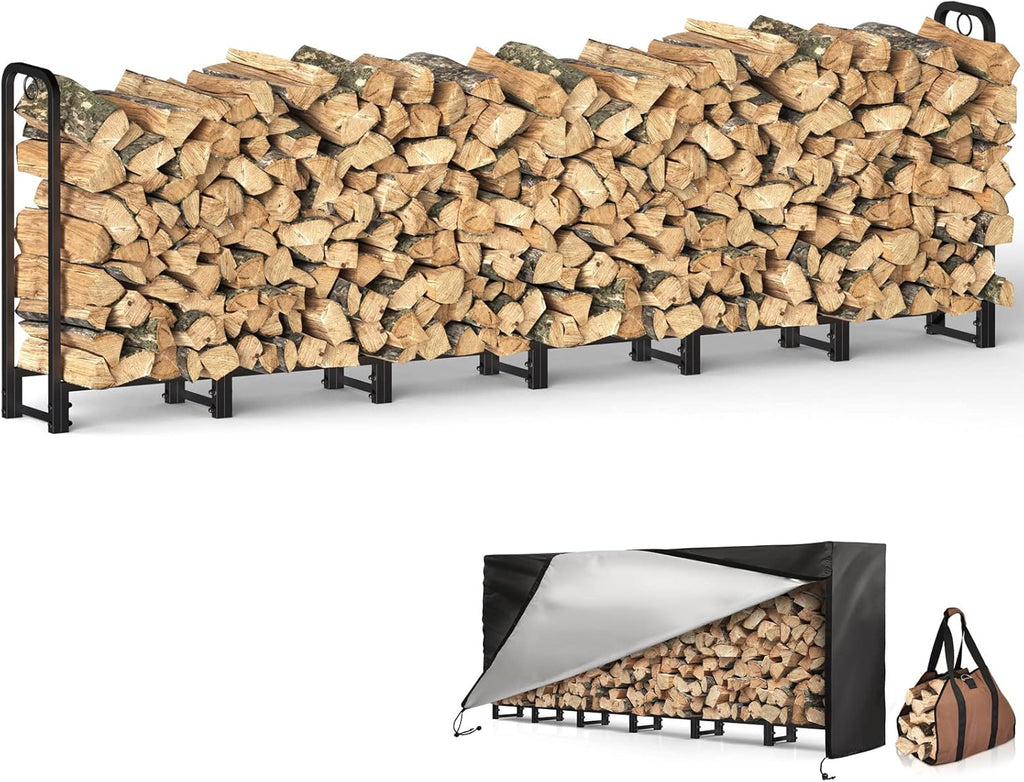 Black Adjustable Firewood Rack with Waterproof Cover F47059