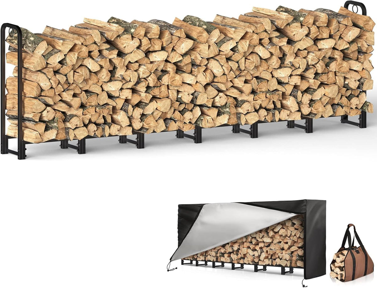 Black Adjustable Firewood Rack with Waterproof Cover F47059